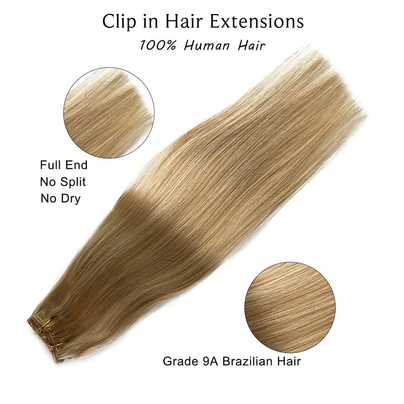 Ubetta Clip in Hair Extensions, Blonde Highlights Real Human Hair Clip ins 15 Inch Silky Straight Double Weft Remy Hair Extensions Clip on 7 Pieces 70G 2 Sets Full Head for White Women - Image 3